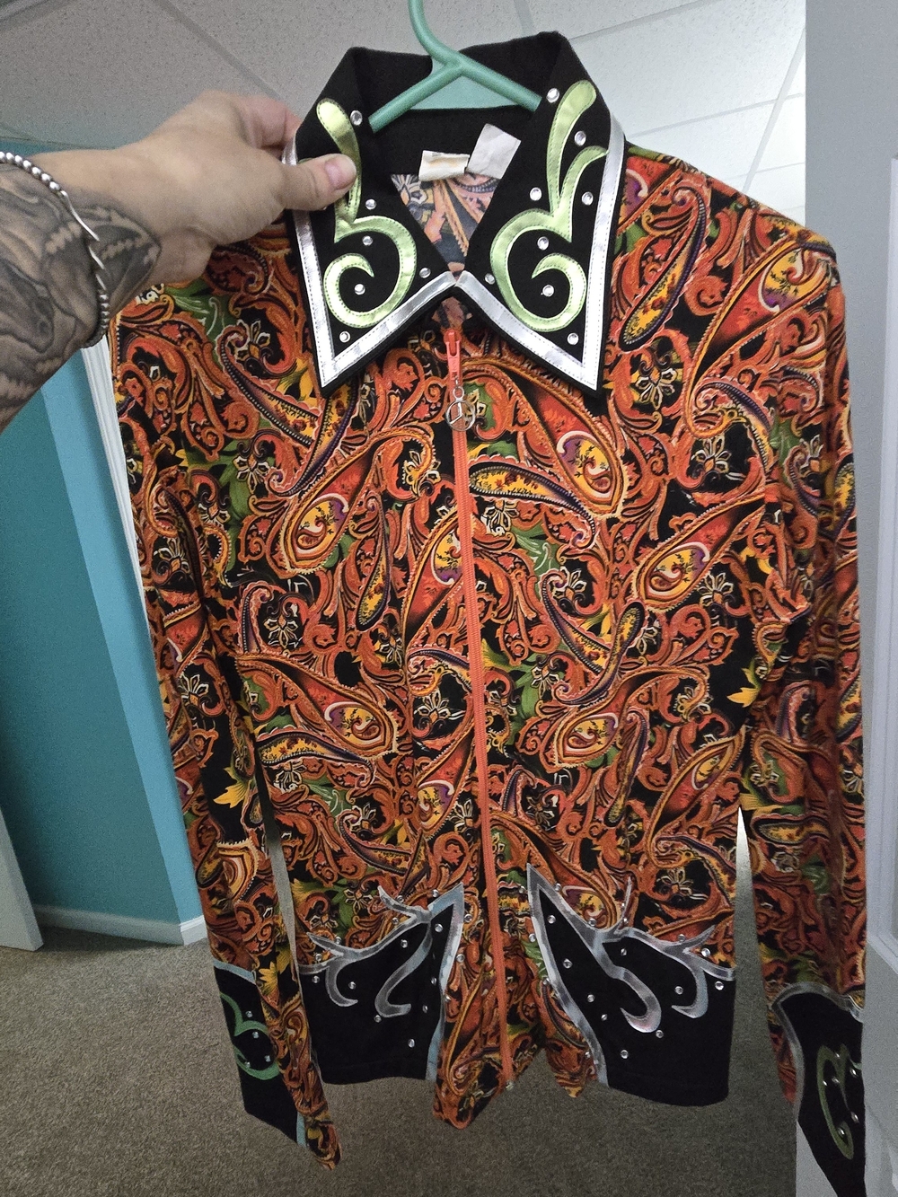 Men's Orange Paisley Western Shirt Jacket with Black & Green Accents